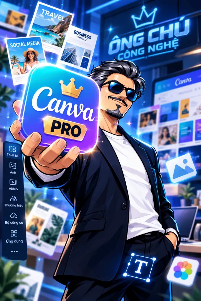 Ông Chú Công Nghệ cầm logo Canva Pro