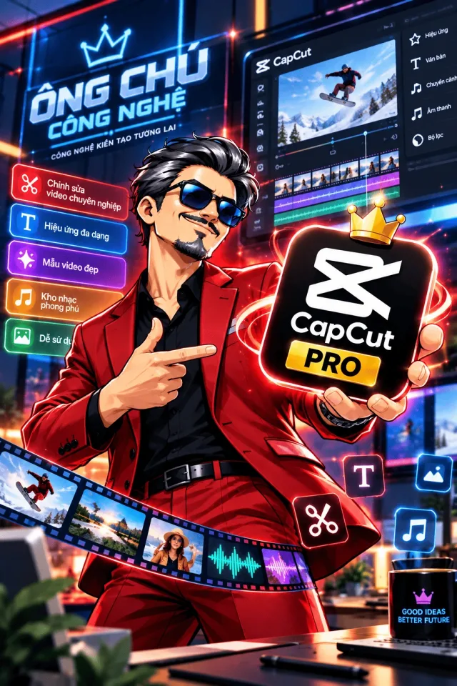 Ông Chú Công Nghệ cầm logo CapCut Pro